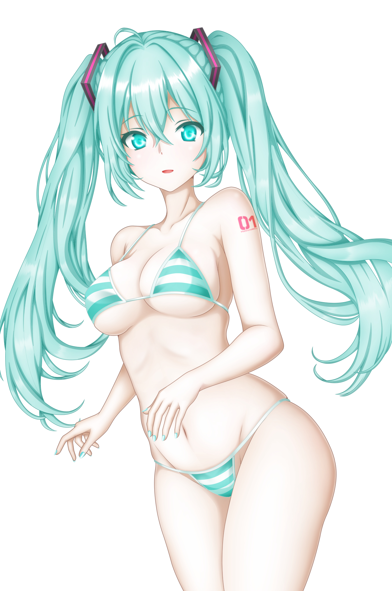 sturm (arowana kingyo), hatsune miku, vocaloid, commentary request, highres, 1girl, :d, ahoge, alternate costume, arm tattoo, bikini, breasts, collarbone, cowboy shot, curvy, floating hair, green eyes, green hair, green nails, groin, hair between eyes, large breasts, long hair, looking at viewer, nail polish, navel, number tattoo, open mouth, sidelocks, simple background, skindentation, smile, solo, stomach, striped bikini, striped clothes, swimsuit, tattoo, thighs, twintails, underboob, very long hair, white background