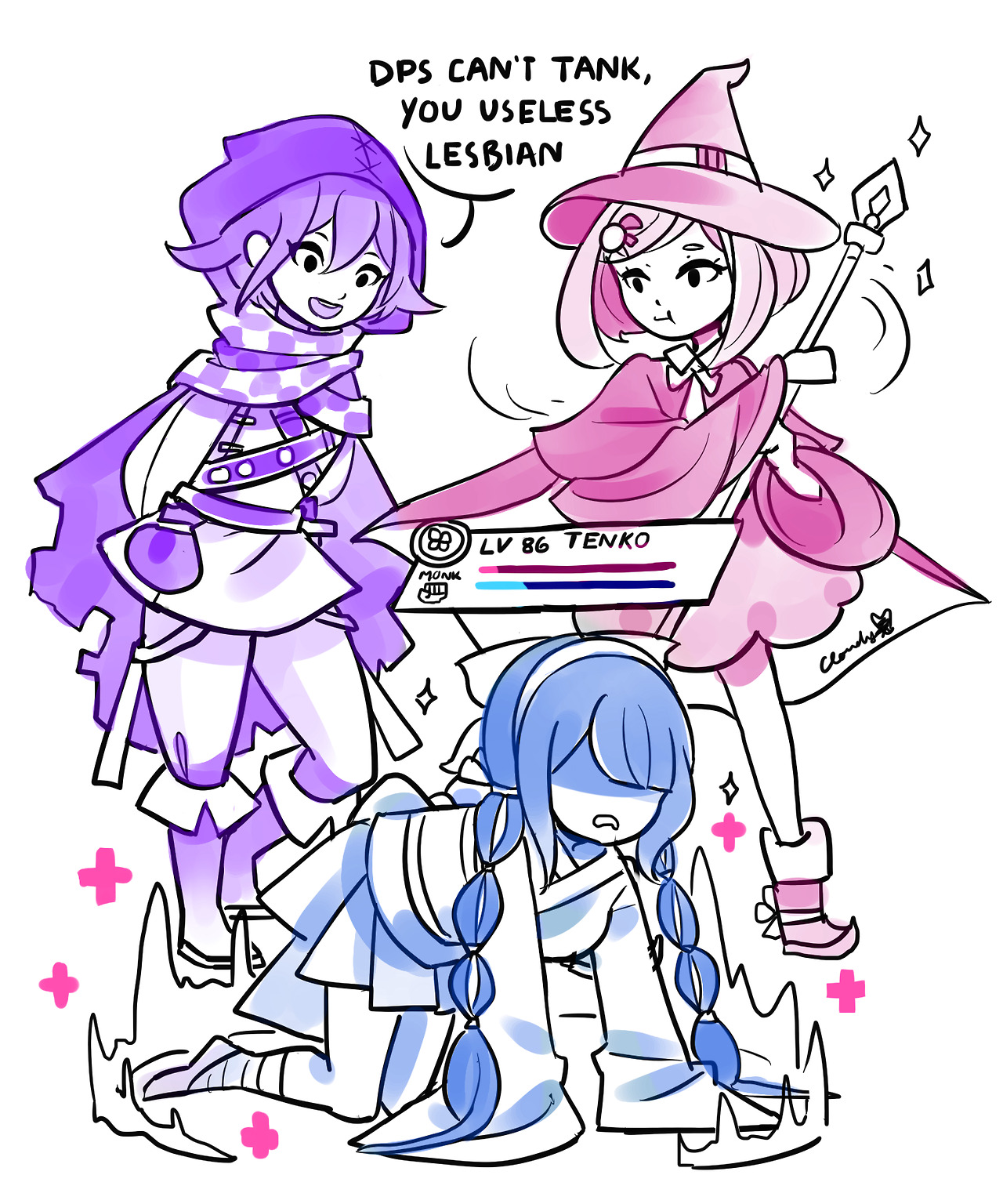 cloudytian, chabashira tenko, oma kokichi, yumeno himiko, danganronpa (series), danganronpa v3: killing harmony, commentary, commentary request, english commentary, highres, 1boy, 2girls, :t, arms behind back, bob cut, boots, braid, cape, checkered clothes, checkered scarf, closed mouth, english text, eyelashes, hair ornament, hands on ground, hat, health bar, holding, holding staff, kneeling, limited palette, long hair, long sleeves, mage staff, multiple girls, open mouth, plus sign, scarf, shaded face, short hair, signature, simple background, skirt, smile, speech bubble, staff, standing, teeth, twin braids, twintails, upper teeth only, white background, witch hat