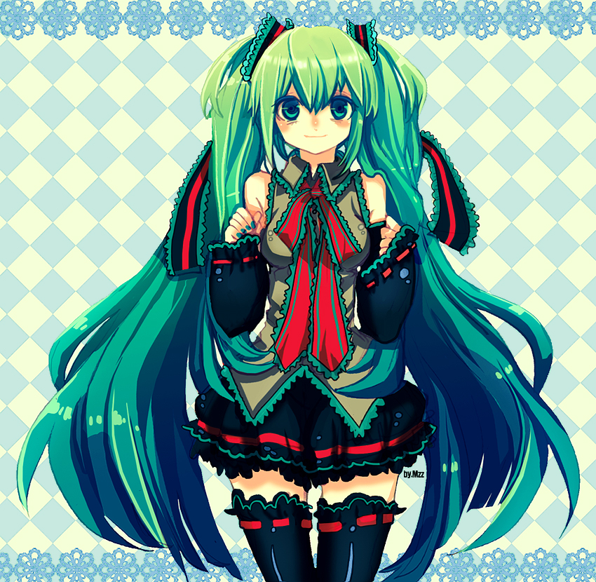 mzz, hatsune miku, vocaloid, bad id, bad pixiv id, 1girl, aqua eyes, aqua hair, detached sleeves, female focus, frills, long hair, ribbon, skirt, smile, solo, thighhighs, twintails, very long hair, zettai ryouiki