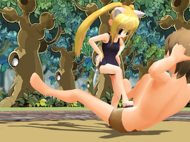 crush, stomp, 3d, animal ears, blonde hair, cat ears, crotch stomp, footjob, jungle, loli, nature, penis, school swimsuit, shoejob, swimsuit, trample, twintails