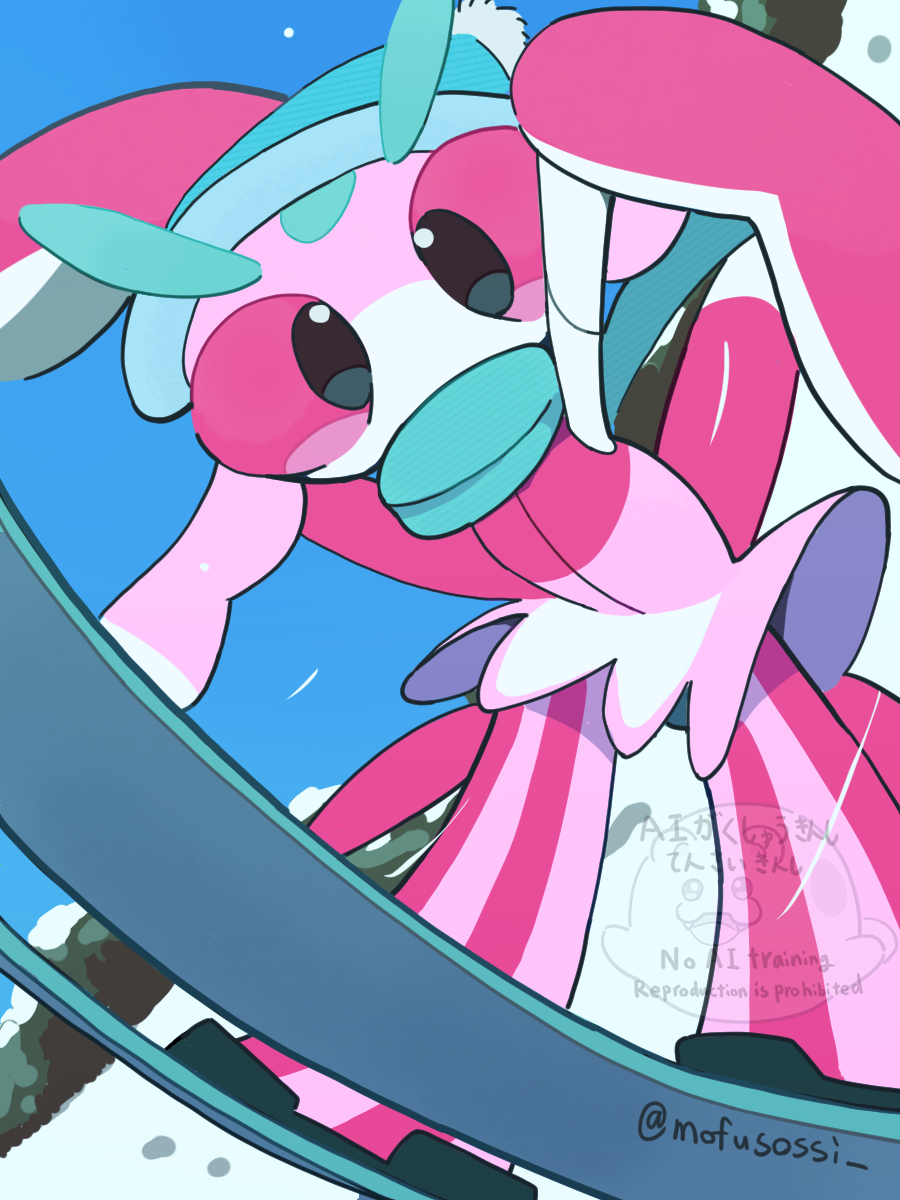 mosseso sefu, lurantis, spheal, nintendo, pokemon, commentary request, highres, blue sky, character watermark, clothed pokemon, gen 3 pokemon, gen 7 pokemon, green hat, green scarf, hat, looking at viewer, outdoors, pink hair, pokemon (creature), pokemon focus, scarf, skiing, skis, sky, snow, snowing, solo, twitter username, watermark