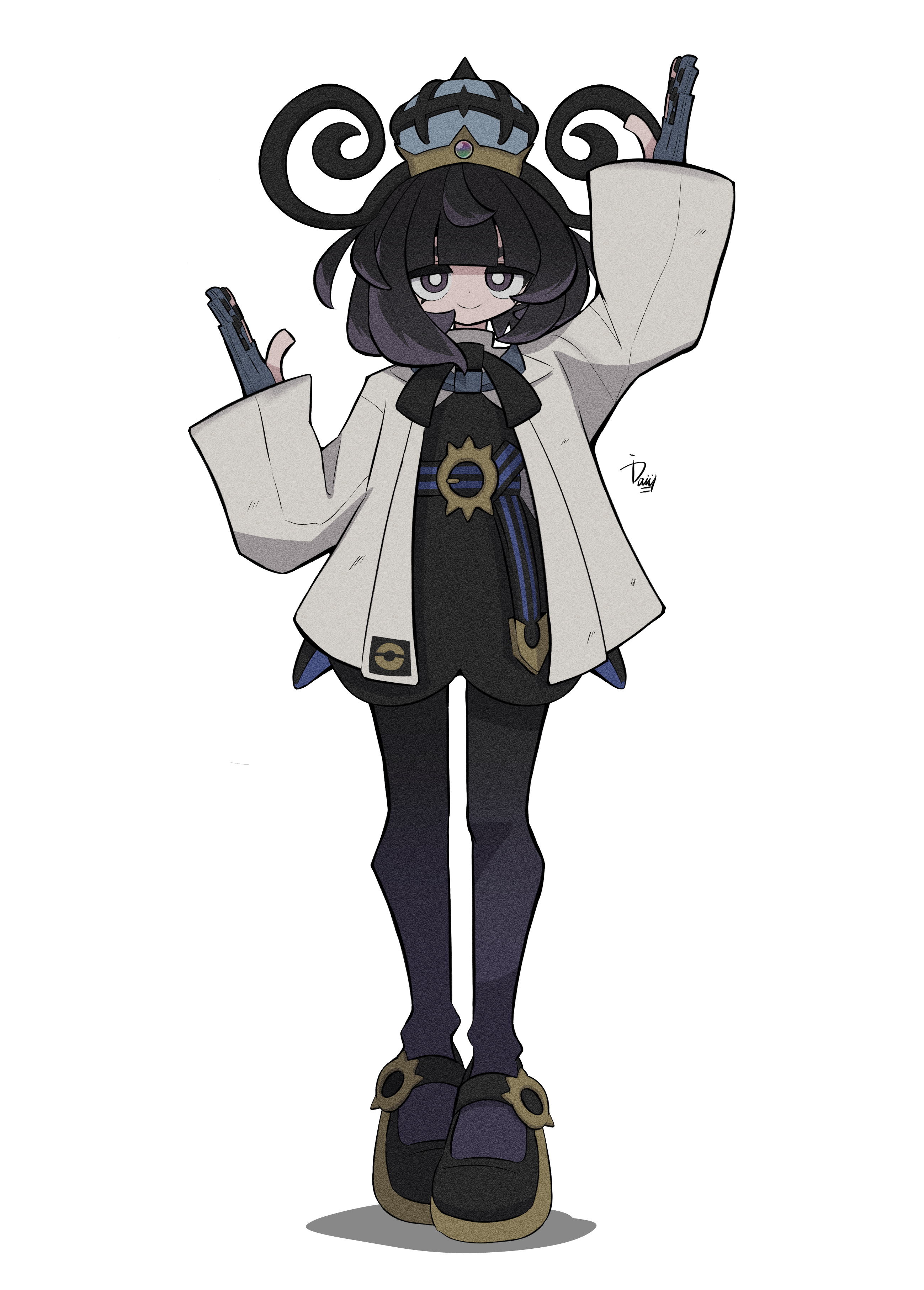 ida (idalol490), gwynn (pokemon), nintendo, pokemon, pokemon legends: z-a, absurdres, commentary request, highres, 1girl, arm up, belt, belt buckle, black pantyhose, black shoes, blunt bangs, bob cut, buckle, closed mouth, coat, full body, gloves, hat, looking at viewer, o-ring, o-ring belt, open clothes, open coat, pantyhose, partially fingerless gloves, purple eyes, purple hair, shoes, short hair, smile, solo, standing, white background, white coat