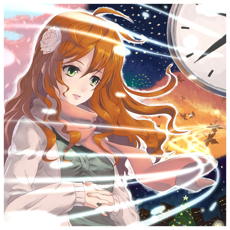 fukukitaru, original, clock, flower, green eyes, hair flower, hair ornament, orange hair, scarf, solo