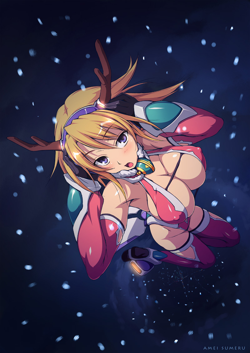amei sumeru, original, 1girl, antlers, blonde hair, blush, breasts, christmas, cleavage, elbow gloves, female focus, gloves, horns, huge breasts, large breasts, leotard, open mouth, purple eyes, reindeer, santa costume, snowing, solo, thighhighs
