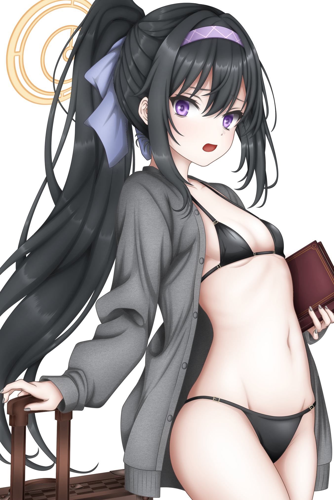 sturm (arowana kingyo), ui (blue archive), ui (swimsuit) (blue archive), blue archive, commentary request, highres, 1girl, :o, bikini, black bikini, black hair, black nails, blue bow, blush, book, bow, breasts, cardigan, cowboy shot, from side, furrowed brow, grey cardigan, groin, hair bow, hairband, halo, halterneck, holding, holding book, long hair, looking at viewer, lowleg, lowleg bikini, nail polish, navel, official alternate costume, official alternate hairstyle, open cardigan, open clothes, open mouth, ponytail, purple eyes, purple hairband, sidelocks, simple background, sleeves past wrists, small breasts, solo, stomach, suitcase, swimsuit, underboob, very long hair, white background, yellow halo