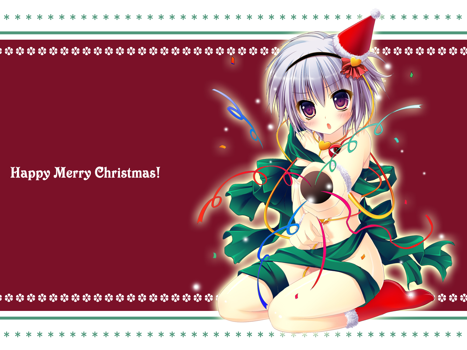 kino konomi, konomi (kino konomi), komeiji satori, team shanghai alice, touhou, bad id, bad pixiv id, highres, 1girl, christmas, female focus, hairband, hat, heart, naked ribbon, party hat, purple eyes, purple hair, ribbon, santa hat, short hair, socks, solo