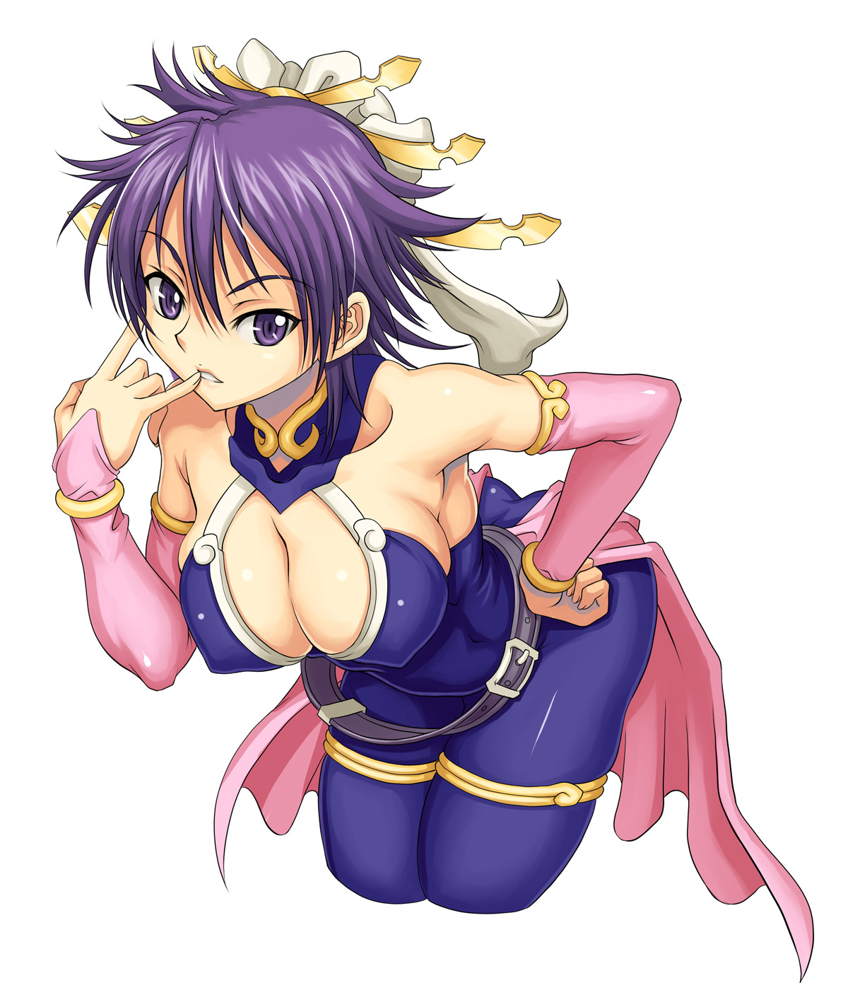 syunzou, oryuu, fuurai no shiren, highres, 1girl, belt, bent over, breasts, bridal gauntlets, cleavage, covered erect nipples, cropped legs, elbow gloves, female focus, finger to mouth, gloves, hand on own hip, large breasts, parted lips, purple eyes, purple hair, short hair, simple background, solo, thighhighs, white background