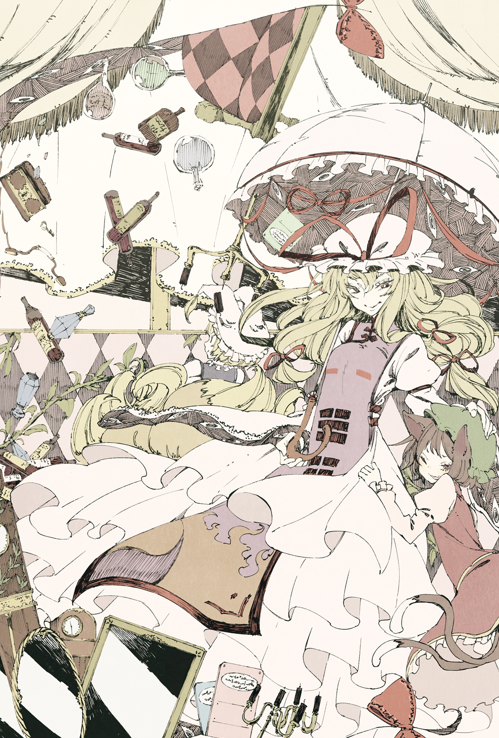 abara heiki, chen, yakumo ran, yakumo yukari, touhou, highres, 3girls, animal ears, blonde hair, bottle, brown hair, candle, candlestand, cat ears, cat girl, cat tail, clock, crosshatching, female focus, floating, hand on another's head, hat, hatching (texture), mirror, multiple girls, multiple tails, parasol, perfume bottle, smile, tail, umbrella, wine bottle