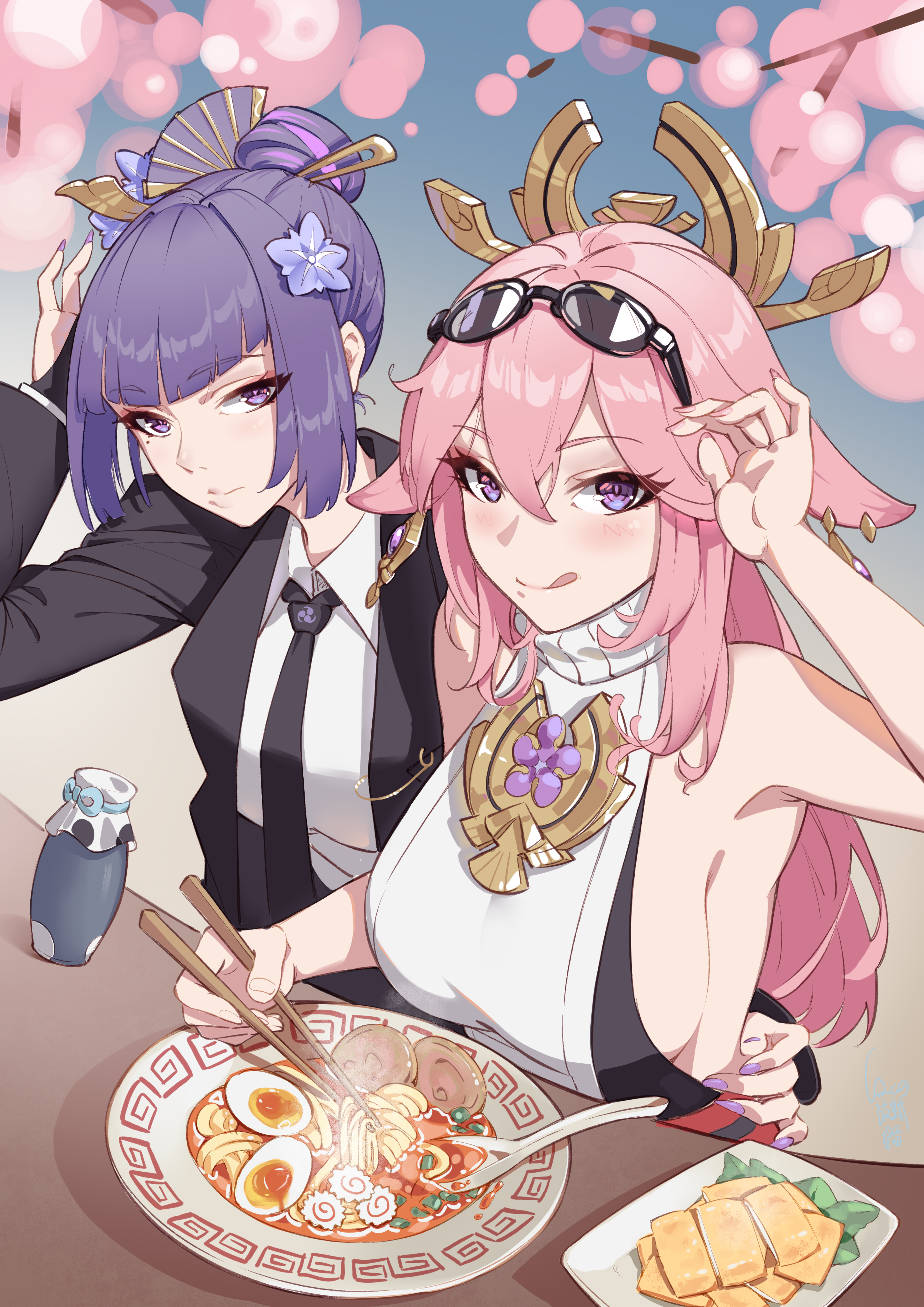 cqc no hashi neko, raiden shogun, yae miko, genshin impact, absurdres, commentary request, highres, 2girls, alternate costume, alternate hairstyle, animal ear piercing, animal ears, arm up, bare shoulders, black jacket, black necktie, black suit, blue sky, blunt bangs, blurry, blush, breasts, closed mouth, collared jacket, collared shirt, dango milk (genshin impact), depth of field, fan hair ornament, flower ornament, food, formal clothes, fox ears, fox girl, hair between eyes, hair ornament, hair up, hairpin, happy, headpiece, huge breasts, jacket, japanese clothes, jewelry, light smile, long hair, long sleeves, looking to the side, mole, mole under eye, multiple girls, necktie, open clothes, open jacket, pendant, pink eyes, pink nails, purple eyes, purple nails, shade, shirt, sideboob, sitting, sky, suit, suit jacket, sunglasses, table, tongue, tongue out, tree, upper body, white shirt, yuri