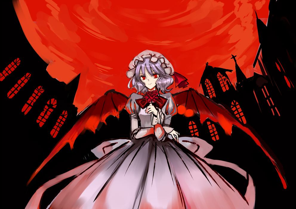 kol49, remilia scarlet, touhou, bad id, bad pixiv id, 1girl, bat wings, blue hair, bow, dress, female focus, flower, hat, outdoors, plant, red theme, ribbon, rose, sky, solo, wings