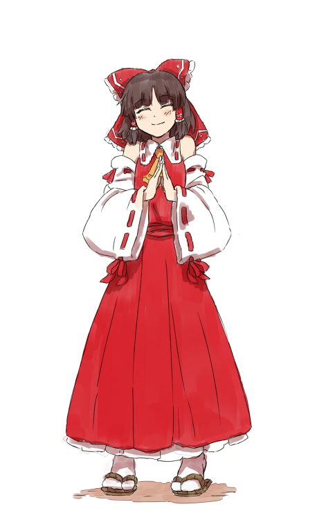 shibasaki shouji, hakurei reimu, touhou, bad id, bad pixiv id, 1girl, black hair, bow, closed eyes, detached sleeves, female focus, hair bow, japanese clothes, miko, own hands together, ribbon, sandals, short hair, simple background, smile, solo, standing, steepled fingers