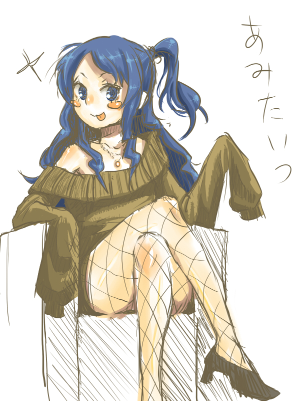 homeko (artist), original, 1girl, :p, blue eyes, blue hair, blush stickers, chair, crossed legs, female focus, fishnet pantyhose, fishnets, jewelry, legs, long sleeves, matching hair/eyes, necklace, pantyhose, sitting, solo, tongue, tongue out