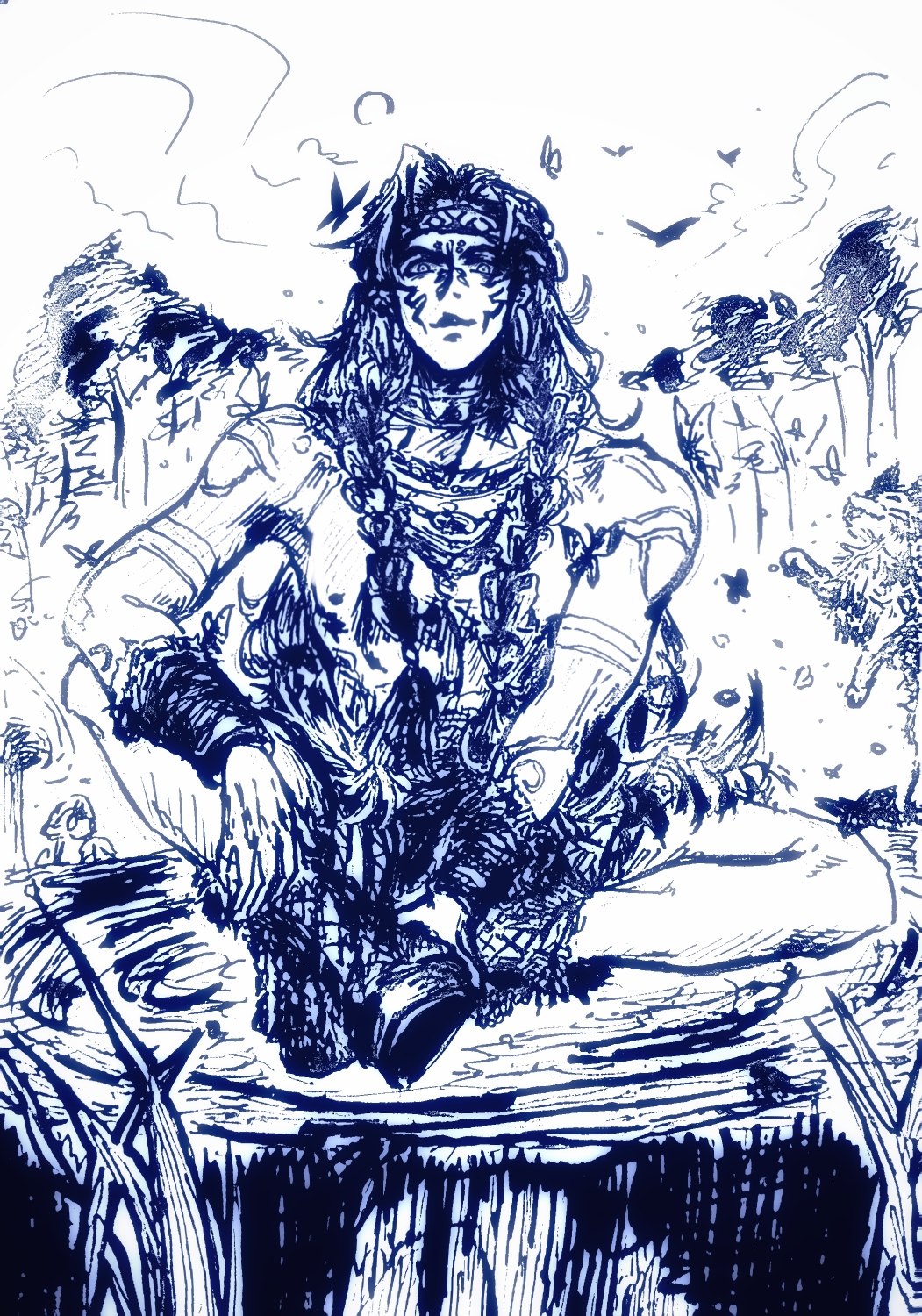 infinity nikki, nikki (series), chinese commentary, commentary request, highres, 1boy, arm on own leg, blue theme, boots, bracer, braid, bug, butterfly, conan0kid, crossed ankles, crosshatching, forest, full body, furrowed brow, hand on own foot, hatching (texture), headband, insect, jewelry, long hair, looking at viewer, male focus, monochrome, nature, necklace, nipples, on tree stump, open mouth, outdoors, pants, pectorals, petals, sitting, solo, thick eyebrows, toned, toned male, topless male, tree stump, twin braids, verdante (infinity nikki), very long hair