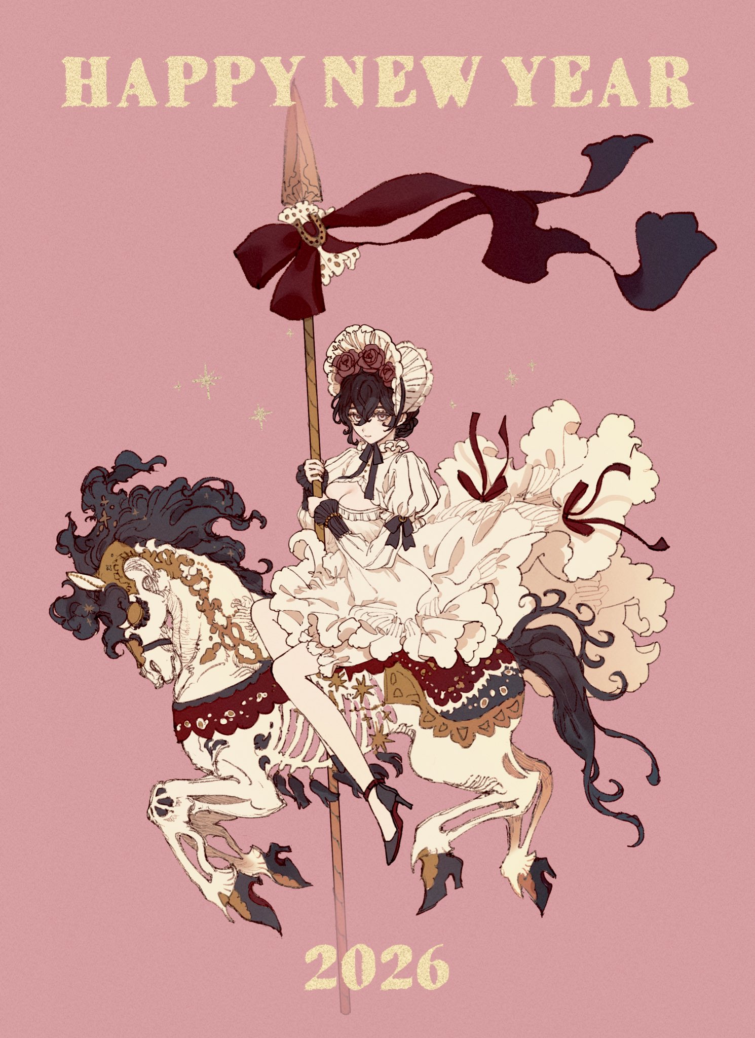 ito (silva), original, commentary, english commentary, highres, 1girl, 2026, black hair, bow, breasts, chinese zodiac, clothes lift, frilled skirt, frills, happy new year, high heels, holding, holding polearm, holding weapon, horse, horseback riding, large breasts, new year, pantyhose, pink background, pink eyes, polearm, riding, short hair, skirt, skirt lift, solo, weapon, white horse, white pantyhose, white skirt, year of the horse