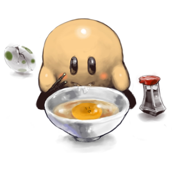 koki (ryoushikiha), kirby, yoshi, kirby (series), mario (series), nintendo, super mario world, super smash bros., bad id, bad pixiv id, chopsticks, egg, egg yolk, food, simple background, soy sauce