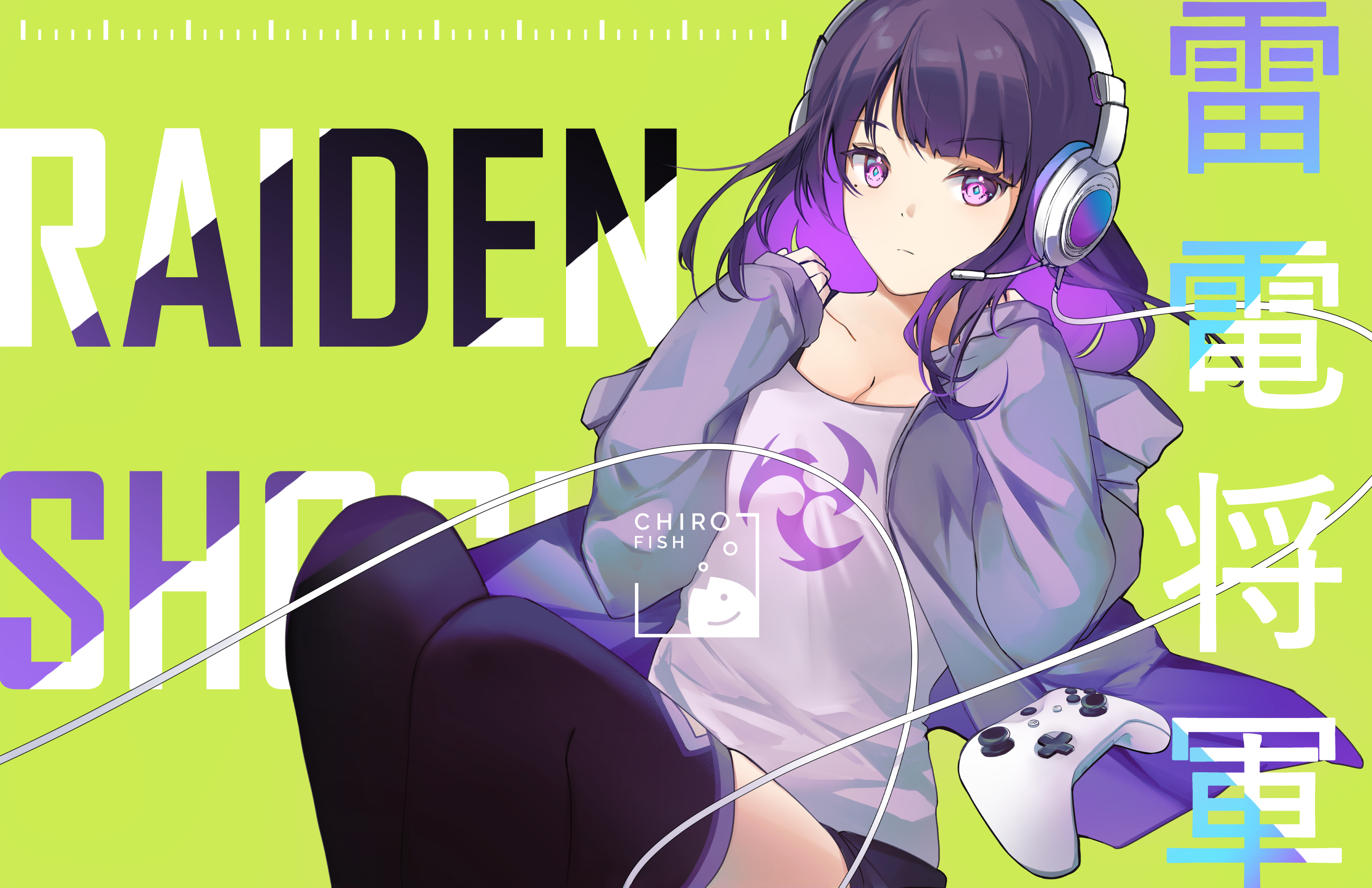 chiroyo, raiden shogun, genshin impact, commentary, english commentary, highres, 1girl, alternate costume, alternate universe, artist name, blue pupils, blunt bangs, breasts, character name, cleavage, closed mouth, collarbone, contemporary, controller, english text, expressionless, gradient hair, green background, grey shirt, headphones, headset, holding, holding controller, holding remote control, hood, hooded jacket, jacket, leaning back, long hair, long sleeves, looking to the side, mole, mole under eye, multicolored eyes, multicolored hair, open clothes, open jacket, purple eyes, purple hair, purple thighhighs, remote control, shirt, solo, thighhighs