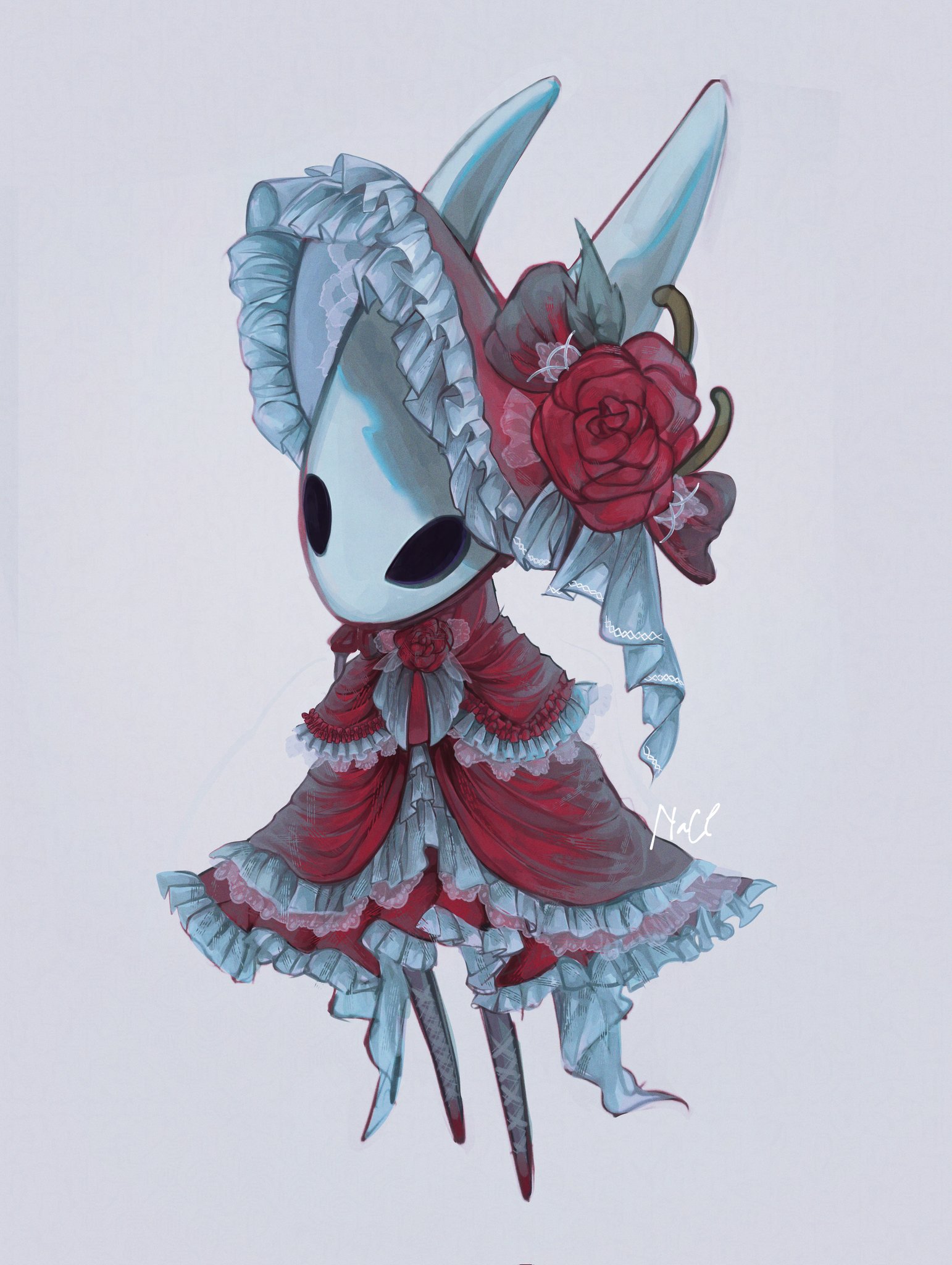 hornet (hollow knight), hollow knight, hollow knight: silksong, commentary, english commentary, highres, 1girl, alternate costume, arthropod girl, artist name, bonnet, dress, flower, frilled bonnet, frilled dress, frills, full body, grey background, hollow eyes, horned mask, mask, na chloridee, red bonnet, red dress, red flower, red rose, rose, signature, simple background, solo, standing, white mask