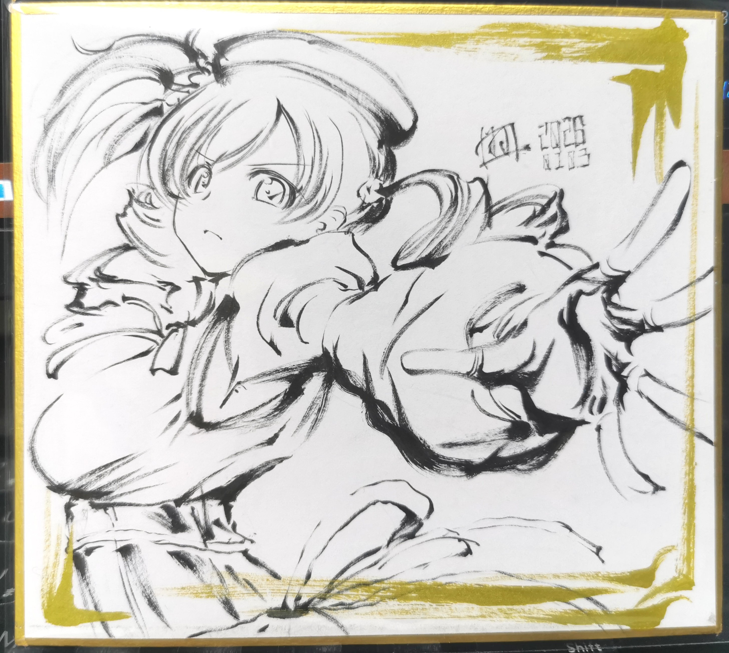 tomoe mami, mahou shoujo madoka magica, mahou shoujo madoka magica (anime), absurdres, artist request, commentary request, highres, photo (medium), second-party source, traditional media, 1girl, back ribbon, beret, bow, bowtie, collared shirt, corset, cowboy shot, dated, detached sleeves, determined, drill hair, eyelashes, fingerless gloves, floating hair, flower hairpin, furrowed brow, gloves, greyscale, hat, hat feather, long hair, long sleeves, magical girl, monochrome, outstretched arm, parted lips, picture frame, puffy long sleeves, puffy short sleeves, puffy sleeves, shirt, short sleeves, signature, solo, tareme, twin drills