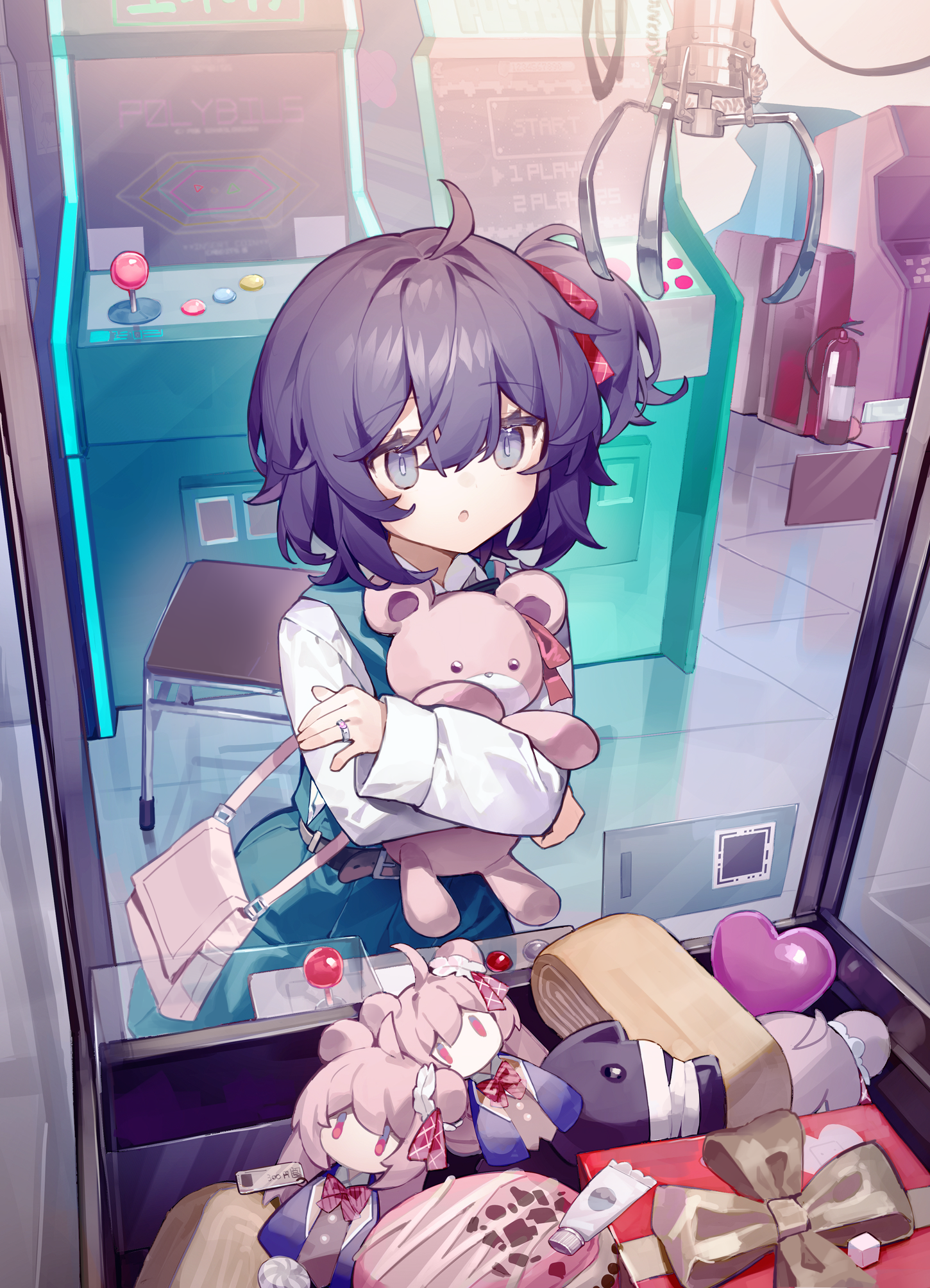 maidcode1023, koube shio, happy sugar life, commentary request, highres, 1girl, bag, black hair, blue dress, crane game, doll, dress, handbag, holding, holding stuffed toy, indoors, long sleeves, one side up, pinafore dress, sleeveless, sleeveless dress, standing, stuffed animal, stuffed toy, teddy bear