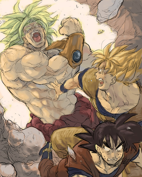 nitako, broly (dragon ball z), son goku, dragon ball, dragonball z, wall, 3boys, black hair, blonde hair, clenched hand, constricted pupils, dougi, dual persona, legendary super saiyan, male focus, multiple boys, muscular, scared, spiked hair, super saiyan, super saiyan 1, topless male, turn pale, you gonna get raped