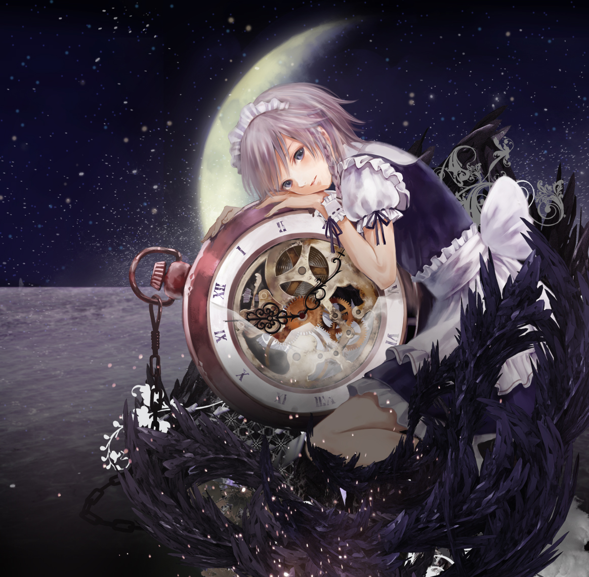 fukahire (ruinon), izayoi sakuya, touhou, silver hair, bad id, bad pixiv id, 1girl, blue eyes, braid, clock, feathers, female focus, gears, looking at viewer, maid, moon, oversized object, pocket watch, short hair, solo, watch
