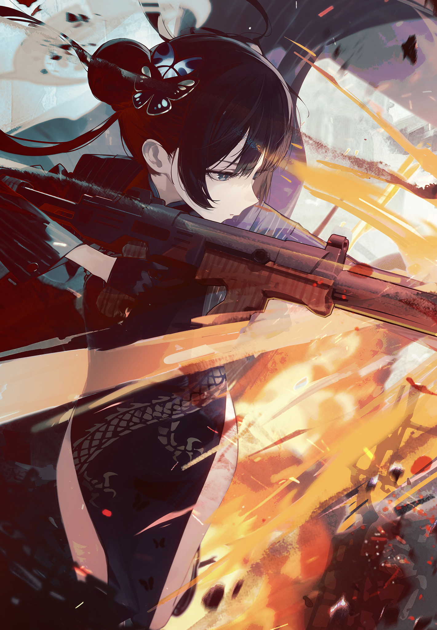 drive shot, kisaki (blue archive), blue archive, commentary request, highres, 1girl, black hair, bow, china dress, chinese clothes, closed mouth, dress, grey eyes, gun, hair bow, holding, holding gun, holding weapon, profile, short hair, solo, weapon