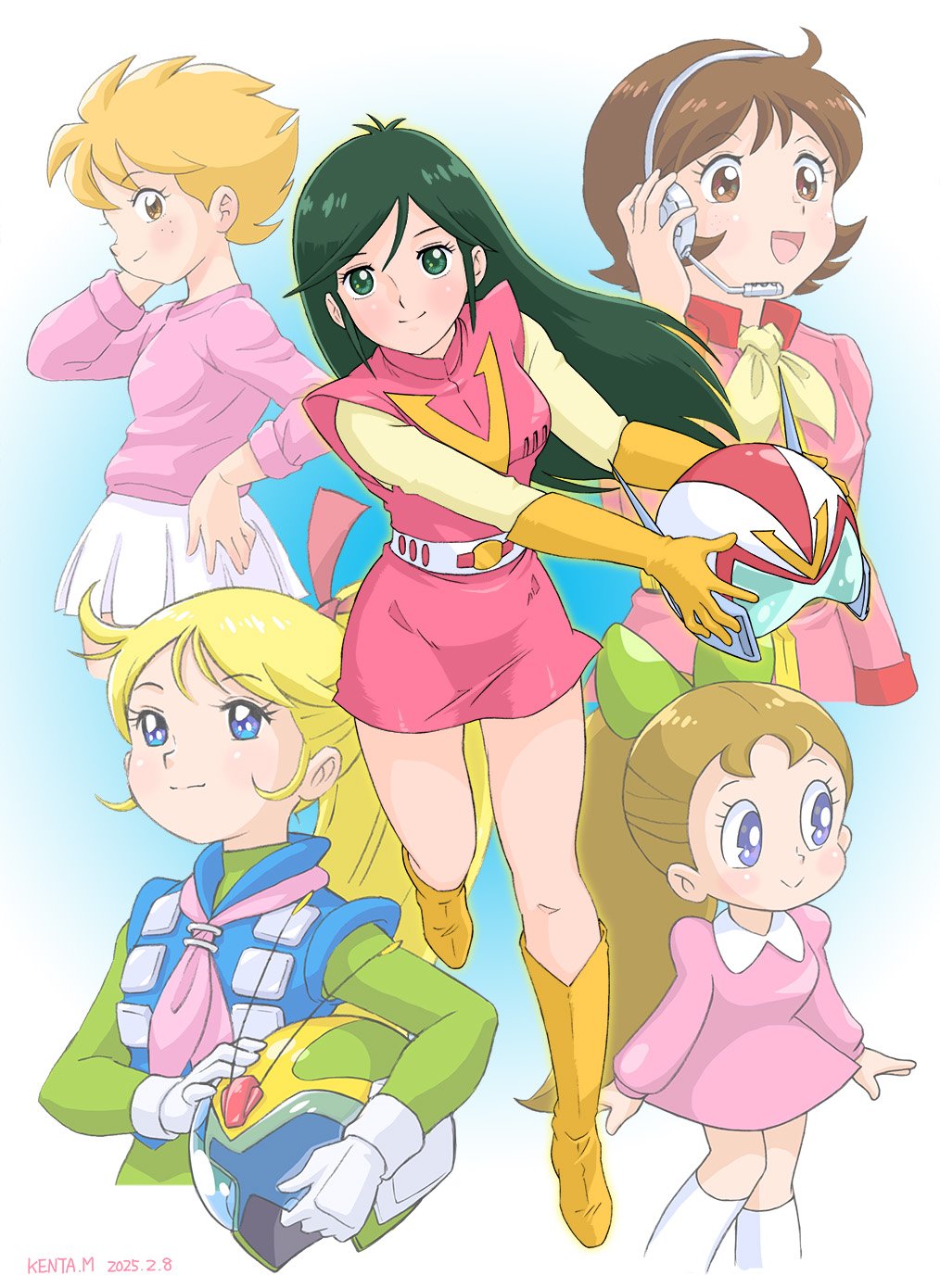 mizutani kenta, aki (zambot 3), fraw bow, kamikita keiko, nanbara chizuru, urara (robokko beeton), choudenji robo combattler v, gundam, mobile suit gundam, muteki choujin zambot 3, robokko beeton, commentary request, highres, 5girls, artist name, belt, blonde hair, blue eyes, blue vest, boots, bow, brown eyes, brown hair, closed mouth, collared dress, creator connection, cropped legs, cropped torso, crossover, dated, dress, full body, gloves, green bow, green eyes, green hair, green shirt, hair bow, hand on own hip, hand up, headphones, headset, helmet, holding, holding unworn helmet, jacket, kneehighs, long hair, looking at viewer, looking to the side, miniskirt, motoyui, multiple girls, neckerchief, open mouth, pink dress, pink jacket, pink neckerchief, pink sweater, ponytail, shirt, short dress, short hair, skirt, smile, socks, standing, standing on one leg, sweater, unworn headwear, unworn helmet, very long hair, vest, white belt, white skirt, white socks, yellow boots, yellow eyes, yellow gloves, yellow neckerchief