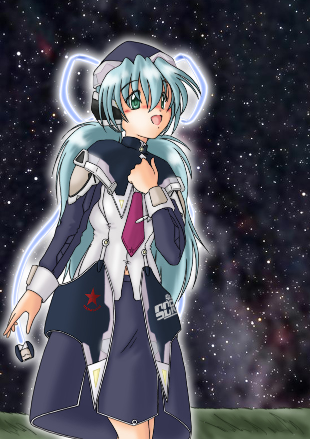 gaketsu, hoshino yumemi, planetarian, 00s, 1girl, blue hair, female focus, green eyes, hat, long hair, necktie, night, outdoors, ribbon, sky, solo, star (symbol), twintails, very long hair