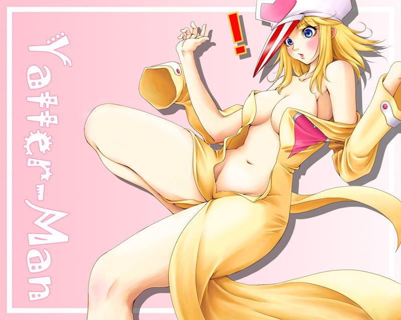 ai-chan, kaminari ai, tatsunoko production, time bokan (series), yatterman, tagme, convenient censoring, copyright name, gradient background, hat, jumpsuit, no bra, no panties