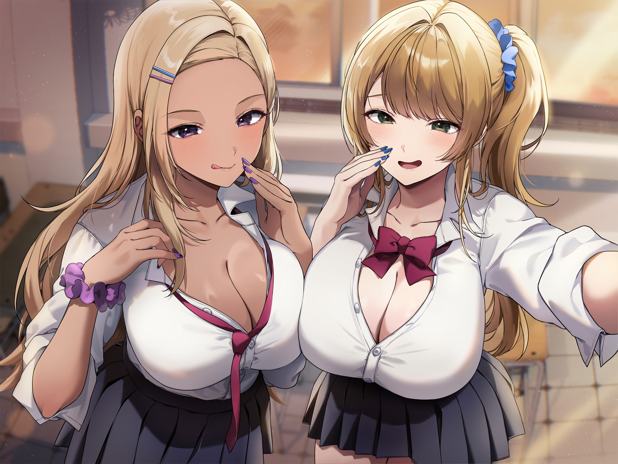 gijang, original, highres, 2girls, asymmetrical docking, black skirt, blonde hair, blue nails, bow, bowtie, breast press, breasts, cleavage, collarbone, collared shirt, cowboy shot, dark-skinned female, dark skin, desk, green eyes, gyaru, hair ornament, hair scrunchie, high side ponytail, huge breasts, indoors, kogal, long hair, long sleeves, looking at viewer, loose bowtie, loose necktie, miniskirt, multiple girls, nail polish, necktie, open mouth, outstretched arm, partially unbuttoned, pleated skirt, purple nails, purple scrunchie, red bow, red bowtie, red necktie, school desk, school uniform, scrunchie, shirt, skirt, sleeves rolled up, tongue, tongue out, white shirt, window, wrist scrunchie