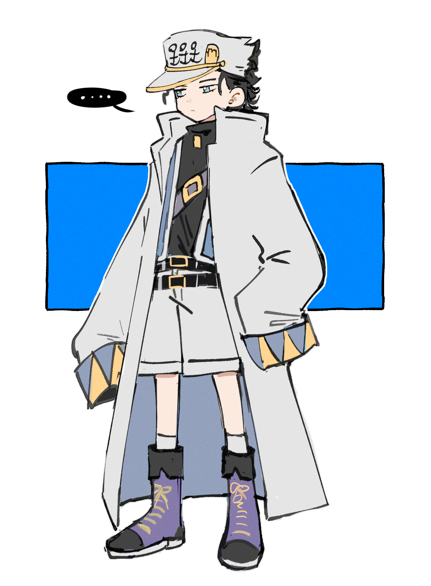 kuujou joutarou, diamond wa kudakenai, jojo no kimyou na bouken, commentary request, highres, …, 1boy, aged down, belt, black hair, blue eyes, boots, coat, full body, hat, jitome, long sleeves, looking to the side, male focus, multiple belts, oversized clothes, popped collar, rwkk11221, shorts, sleeves past fingers, sleeves past wrists, socks, solo, spoken ellipsis