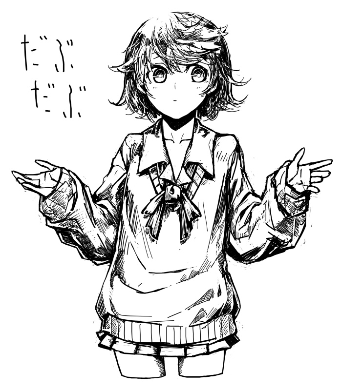 kahadu (kawazu), original, 1girl, cowboy shot, cropped legs, female focus, greyscale, messy hair, monochrome, short hair, shrugging, sketch, skirt, solo, sweater