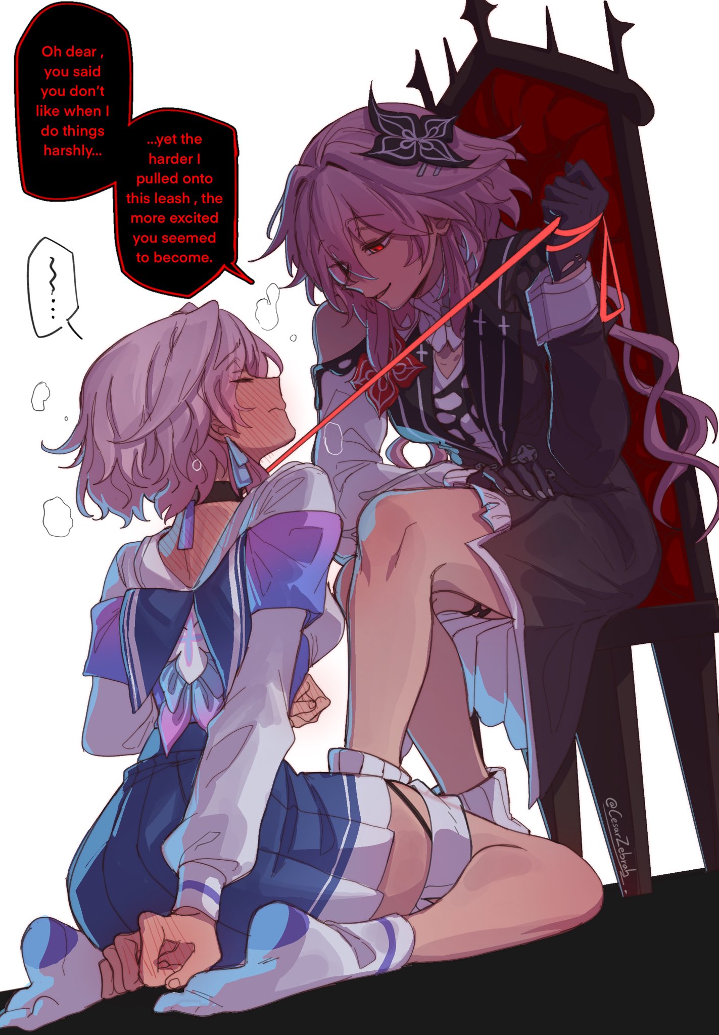 cesar zebrah, evernight (honkai: star rail), march 7th (honkai: star rail), honkai: star rail, honkai (series), commentary, english commentary, highres, 2girls, bare shoulders, black choker, black dress, black gloves, blue skirt, blush, chair, choker, dress, flower, gloves, hair flower, hair ornament, holding, holding leash, kneeling, leash, long sleeves, multiple girls, on chair, pink hair, skirt, socks, white socks, yuri