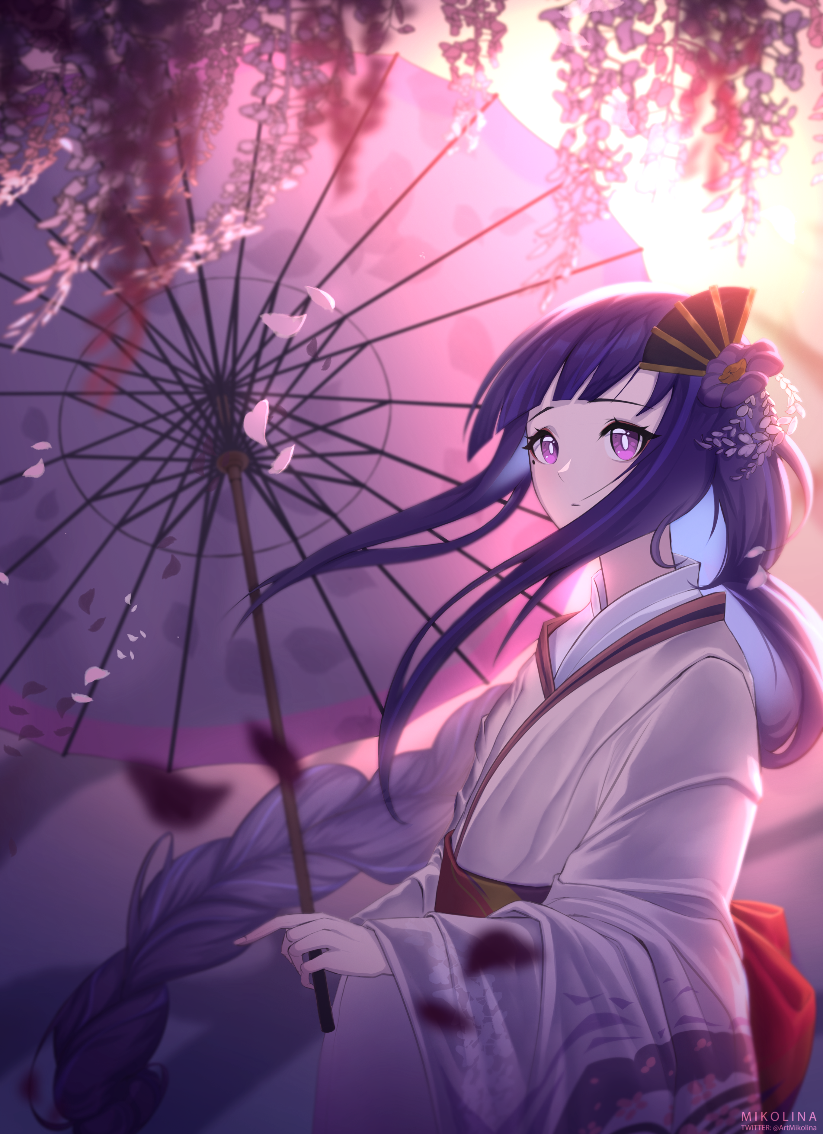 kaze (kazelina), makoto (genshin impact), genshin impact, absurdres, commentary, highres, 1girl, back bow, blue pupils, blunt bangs, blurry, blurry background, bow, closed mouth, dawn, depth of field, falling petals, fan hair ornament, flower, gradient hair, holding, holding umbrella, japanese clothes, kimono, long hair, long sleeves, mole, mole under eye, multicolored eyes, multicolored hair, oil-paper umbrella, outdoors, petals, pink petals, purple background, purple eyes, purple hair, purple kimono, purple sky, sky, solo, standing, sun, umbrella, upper body, wide sleeves, wisteria