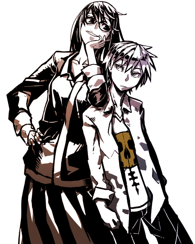 kahadu (kawazu), 1boy, 1girl, black hair, glasses, grin, hand on own face, hand on own hip, leaning, long hair, monochrome, simple background, smile, spot color, white background