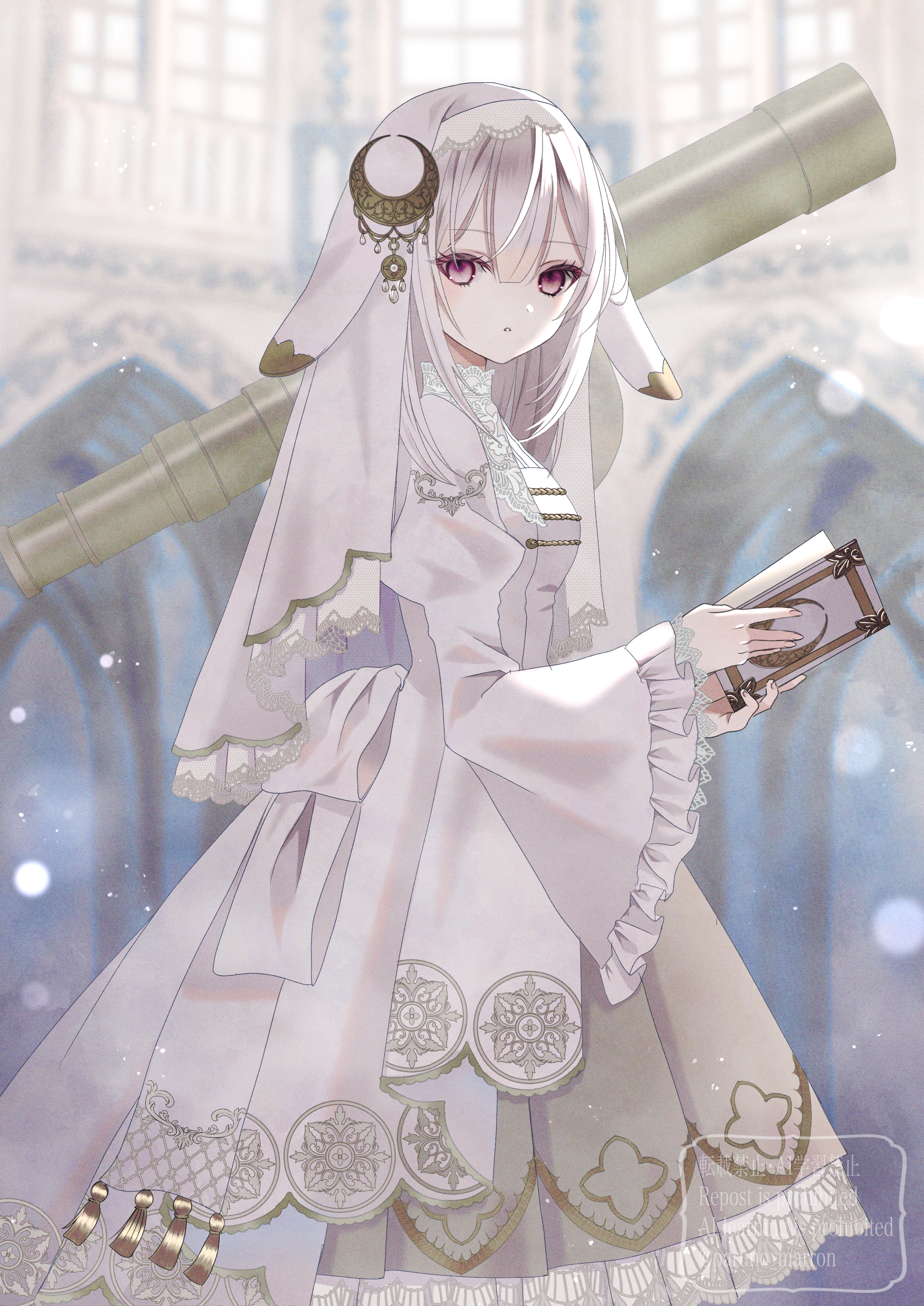 paruno, original, absurdres, commentary request, highres, 1girl, animal ears, blurry, blurry background, book, dress, feet out of frame, frilled dress, frills, from side, holding, holding book, indoors, long hair, long sleeves, looking at viewer, looking to the side, nun, rabbit ears, standing, telescope, white dress, white hair, wide sleeves
