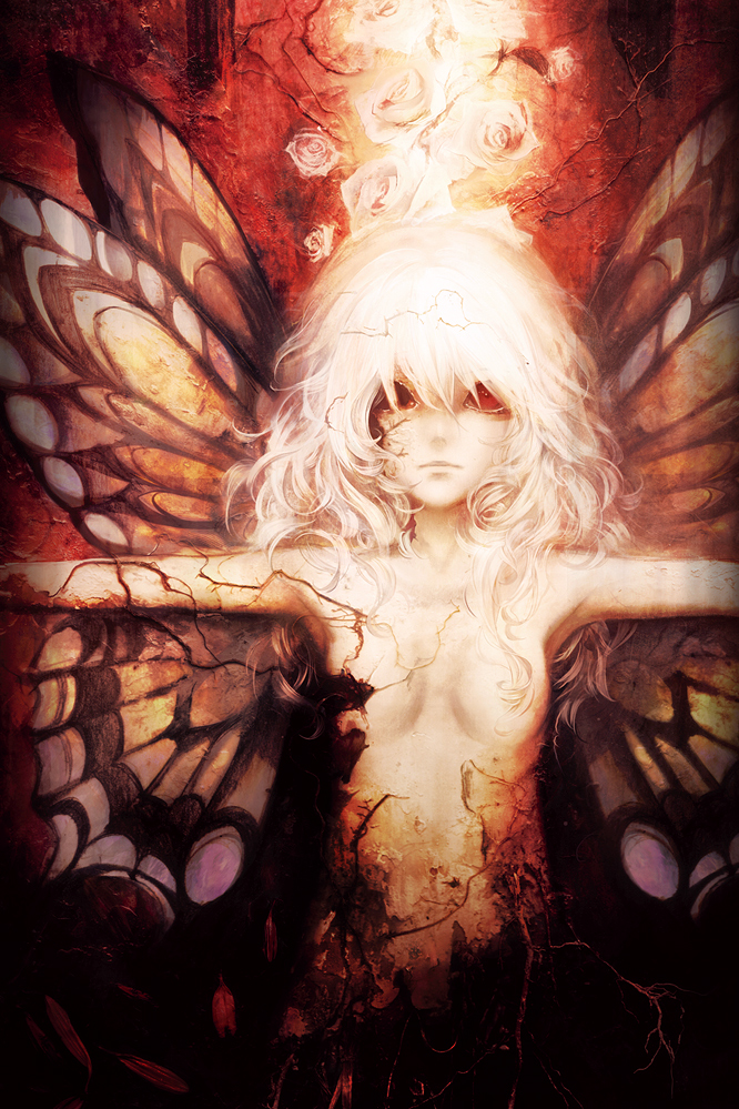 banpai akira, 1girl, album cover, blonde hair, butterfly wings, cover, female focus, flower, insect wings, outstretched arms, petals, red eyes, rose, solo, spread arms, wings
