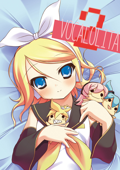 amakara surume, surume (pixiv3908), hatsune miku, kagamine len, kagamine rin, megurine luka, vocaloid, bad id, bad pixiv id, aqua hair, blonde hair, blue eyes, blue hair, character doll, chibi, detached sleeves, doll, hair ornament, hair ribbon, hairclip, headphones, headset, long hair, pink hair, ribbon, short hair, smile, stuffed toy, twintails