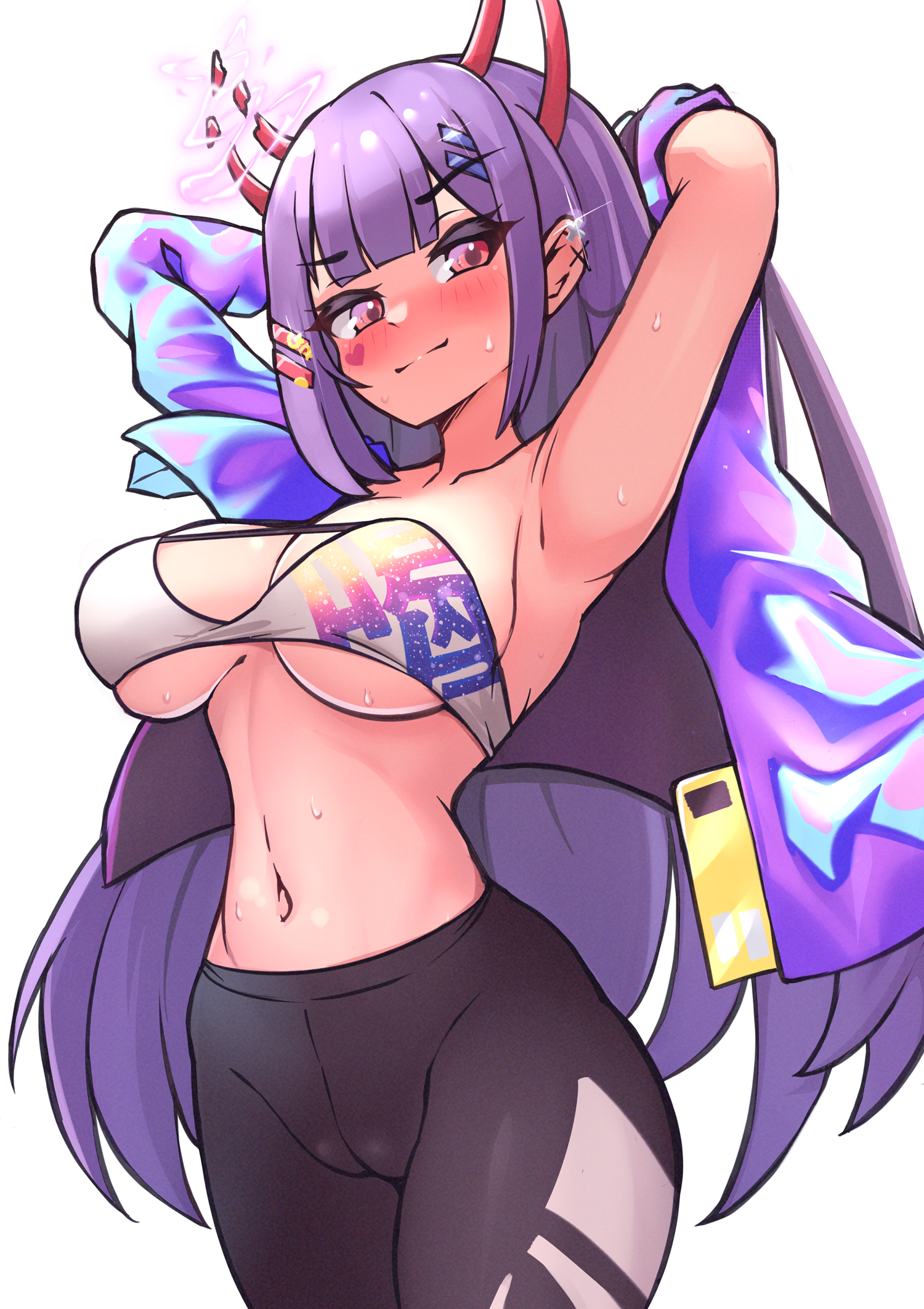 bebatch, akuma nihmune, goddess of victory: nikke, indie virtual youtuber, highres, armpits, breasts, broken horn, cameltoe, demon girl, demon horns, facial mark, hair ornament, heart, heart facial mark, heart tattoo, horns, large breasts, navel, pants, purple hair, red eyes, sweat, tattoo, thighs, underboob, virtual youtuber, yoga pants