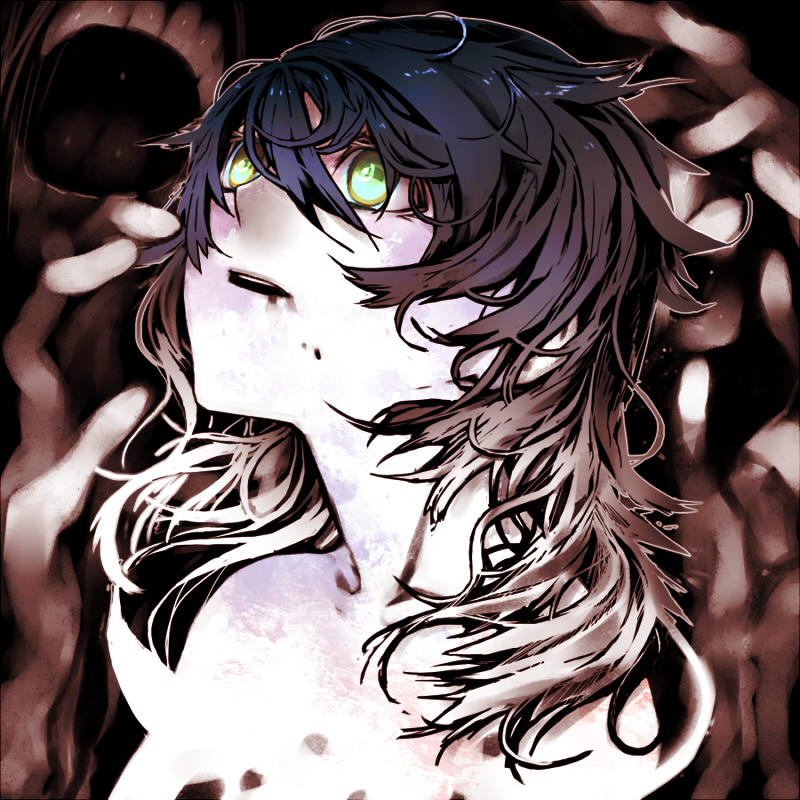 kahadu (kawazu), original, 1girl, black hair, empty eyes, female focus, green eyes, long hair, messy hair, solo