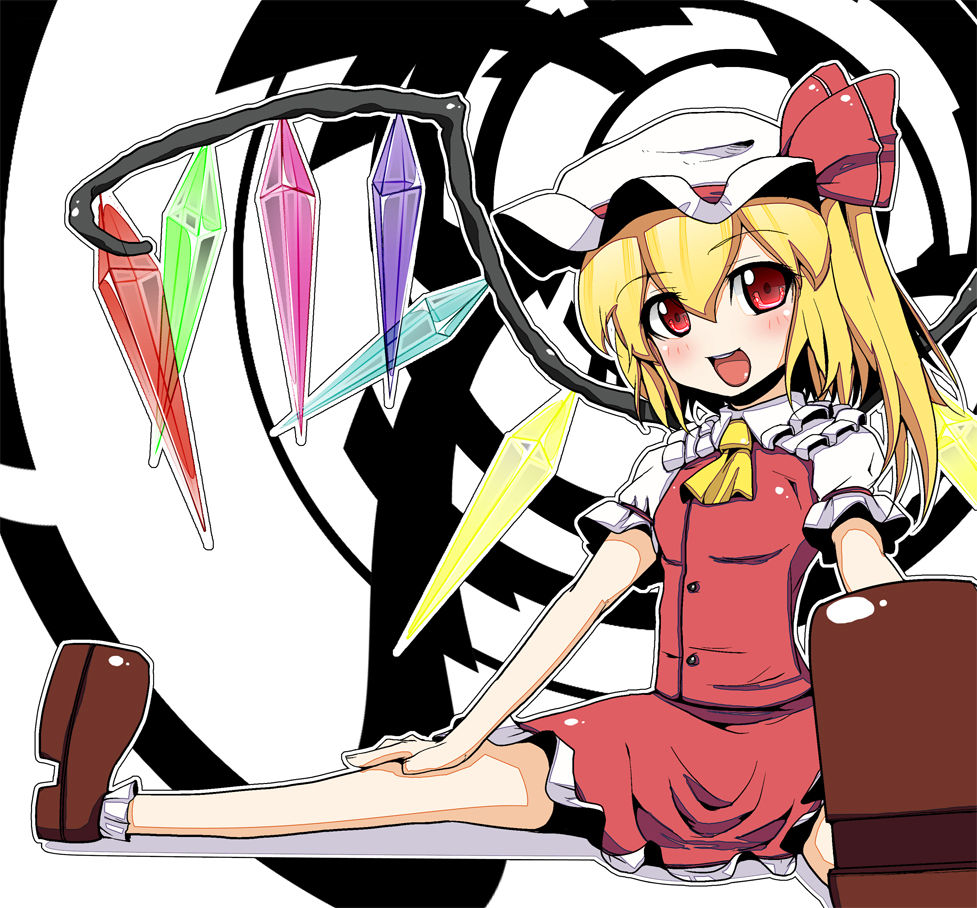 oborozuki, rougetsu (eclipse), flandre scarlet, embodiment of scarlet devil, touhou, 1girl, blonde hair, blouse, collared shirt, female focus, hair between eyes, hat, mob cap, ponytail, red eyes, shirt, short hair, side ponytail, solo, white hat, white shirt, wings