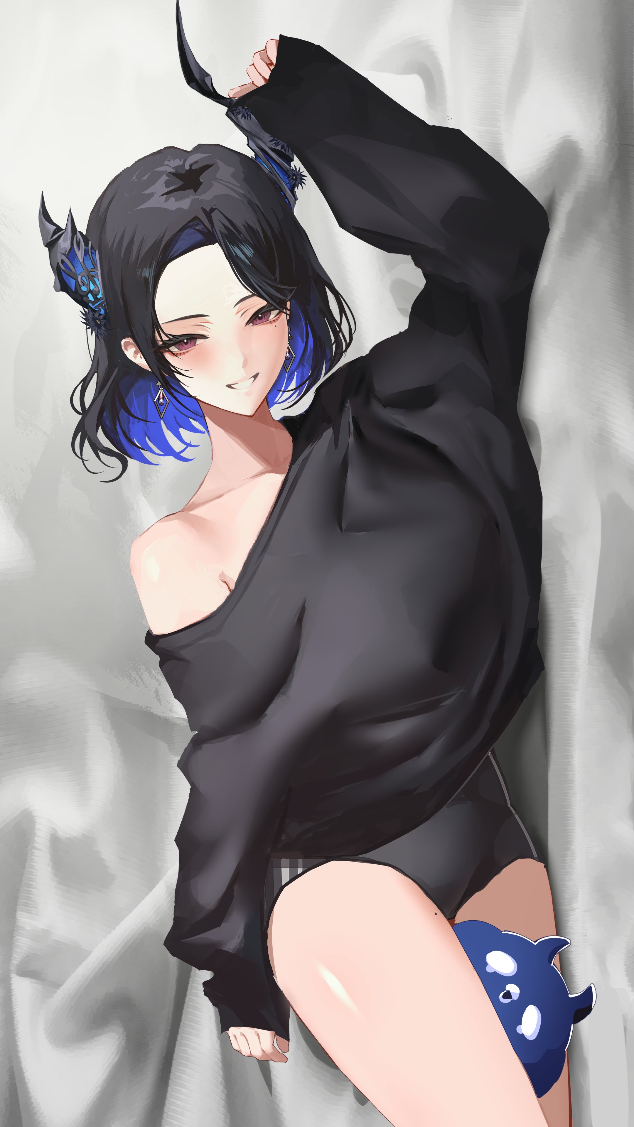 thekaiyip, jailbird (nerissa ravencroft), nerissa ravencroft, hololive, hololive english, absurdres, commentary, highres, 1girl, alternate costume, asymmetrical horns, between thighs, black buruma, black hair, black sweater, blue hair, buruma, colored inner hair, curtained hair, demon horns, earrings, forehead, horns, jewelry, light blush, long sleeves, looking at viewer, loose clothes, lying, mole, mole under eye, multicolored hair, official alternate hairstyle, on side, red eyes, short hair, single off shoulder, sleeves past wrists, smile, solo, sweater, teeth, uneven horns, virtual youtuber