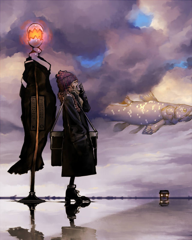 kahadu (kawazu), original, vehicle, 1girl, bag, blonde hair, bus, cloud, coelacanth, female focus, fish, flying fish, gloves, hat, motor vehicle, rainy, reflection, solo, surreal, yawning