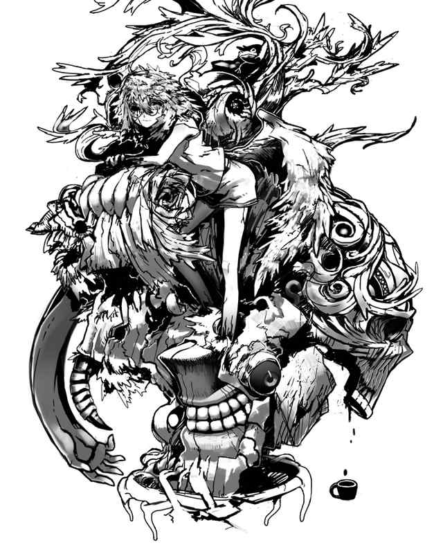 kahadu (kawazu), original, 1girl, female focus, frog, glasses, greyscale, legs, messy hair, monochrome, one-eyed, skull, solo, wings