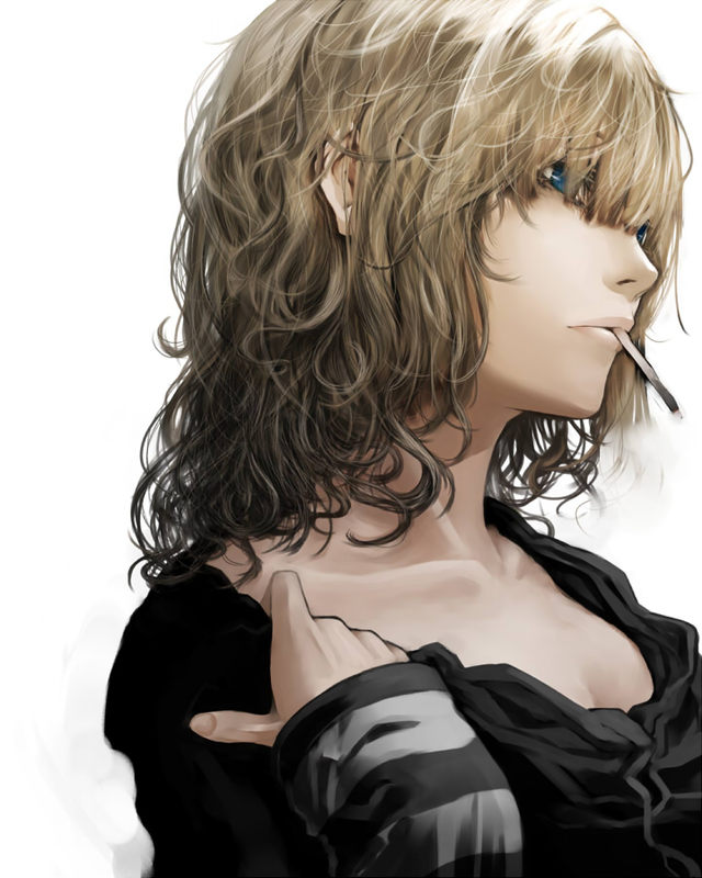 kahadu (kawazu), original, 1girl, blonde hair, blue eyes, breasts, cigarette, cleavage, collarbone, curly hair, female focus, from side, large breasts, lips, long hair, long sleeves, messy hair, portrait, profile, realistic, simple background, sleeves past wrists, smoke, solo, upper body, wavy hair, white background