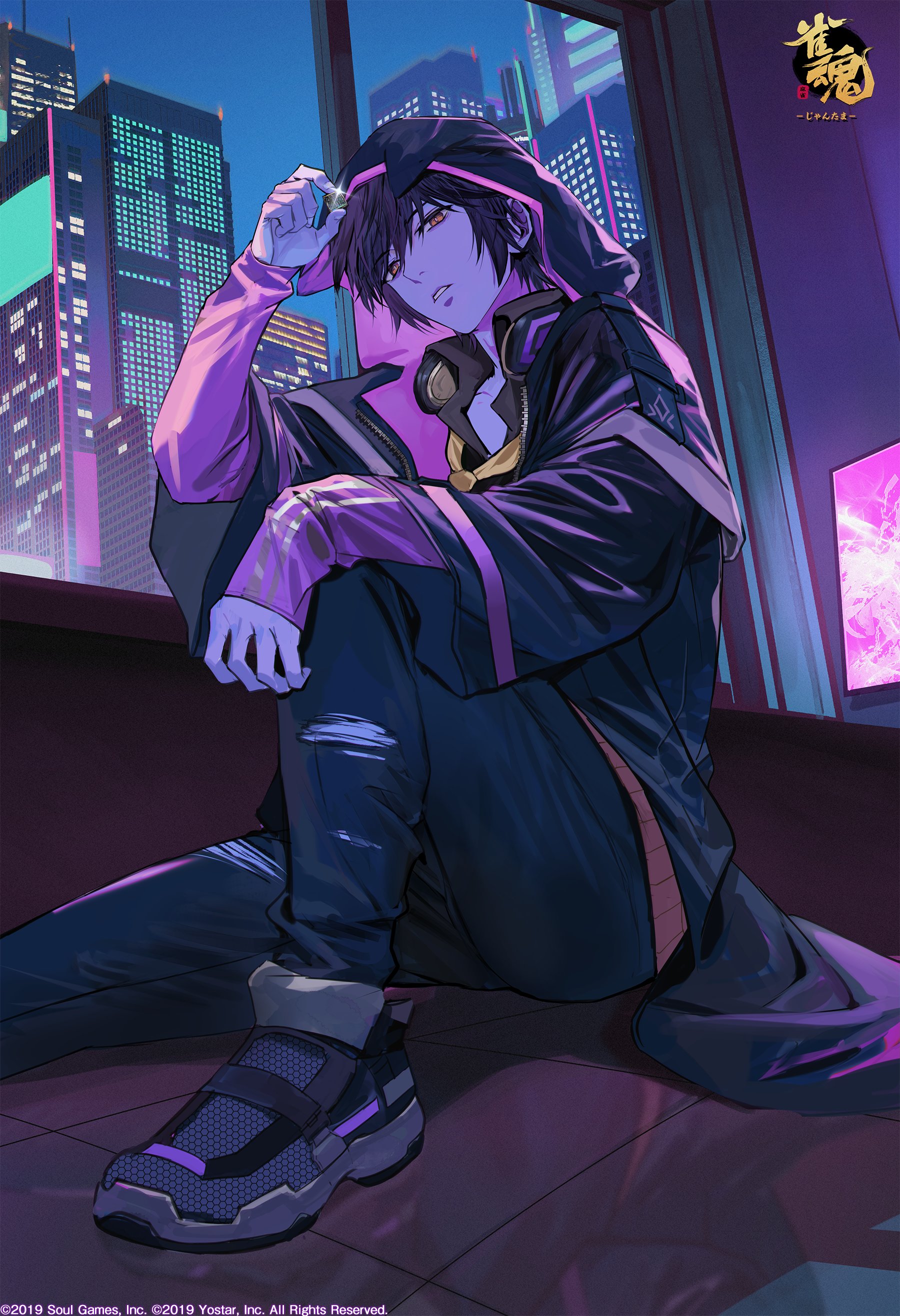 border0715, ling (mahjong soul), mahjong soul, absurdres, commentary request, highres, official art, 1boy, black coat, black hair, building, city lights, cityscape, coat, copyright logo, headphones, headphones around neck, holding, hood, hooded coat, indoors, knee up, logo, monitor, night, on floor, orange eyes, parted lips, reflective floor, scuffed, shoes, sitting, skyscraper, sneakers, solo, vertical monitor, window