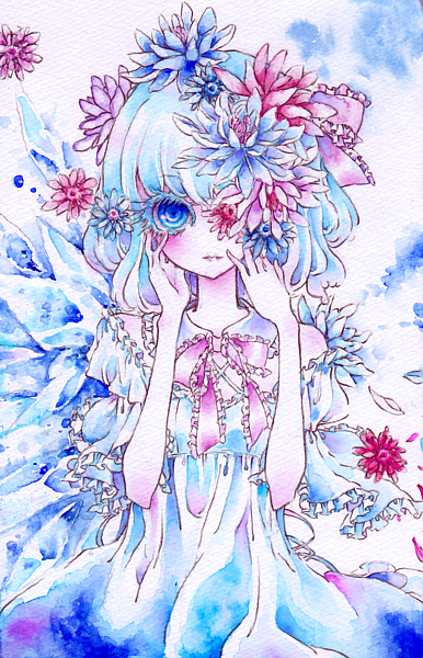 miri, miri (tobira no mukou), cirno, touhou, painting (medium), traditional media, watercolor (medium), 1girl, bare shoulders, blue eyes, blue hair, colored eyelashes, dress, eyelashes, female focus, flower, frills, hair ornament, hair ribbon, ice, lips, lipstick, makeup, matching hair/eyes, no nose, ribbon, short hair, short sleeves, solo, water lily flower, wide sleeves, wings