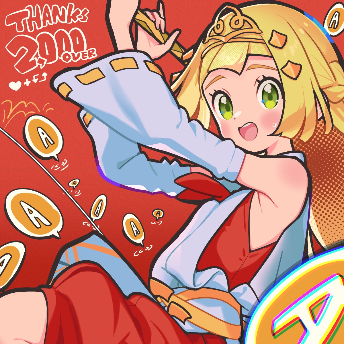 kinocopro, lillie (pokemon), nintendo, pokemon, pokemon sm, highres, 1girl, alternate costume, blonde hair, blush, braid, green eyes, holding, holding mallet, japanese clothes, kimono, kine, long hair, looking at viewer, mallet, open mouth, red kimono, sleeveless, sleeveless kimono, smile, solo, tiara, white kimono
