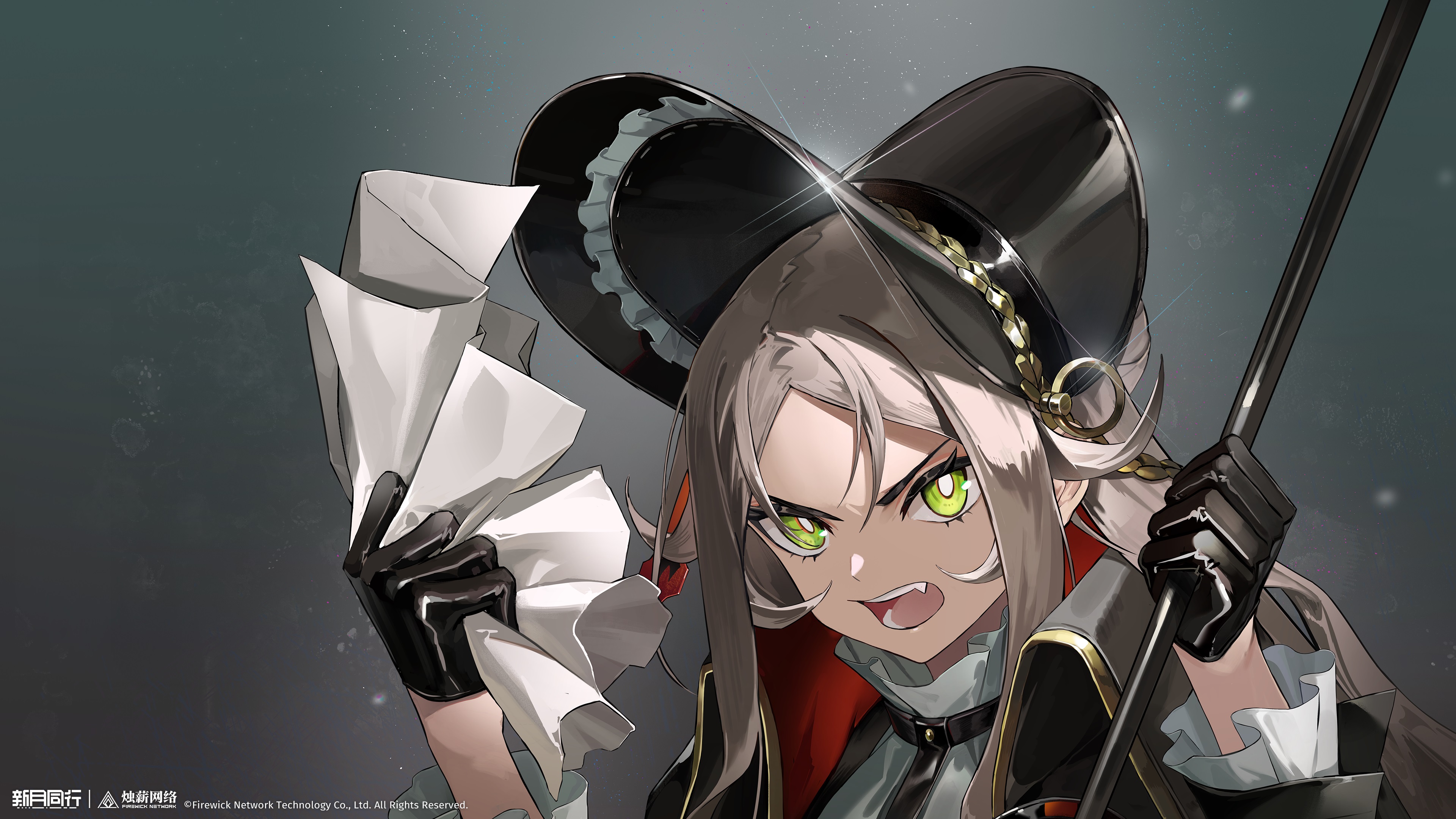 xinyue tongxing, absurdres, highres, official art, official wallpaper, 1girl, angry, black gloves, black hat, bonnet, copyright name, copyright notice, fang, gloves, green eyes, grey background, grey hair, hands up, hat, holding, holding polearm, holding weapon, huiying (xinyue tongxing), logo, long hair, looking at viewer, open mouth, paper, polearm, portrait, shirt, solo, teeth, tongue, v-shaped eyebrows, weapon, white shirt