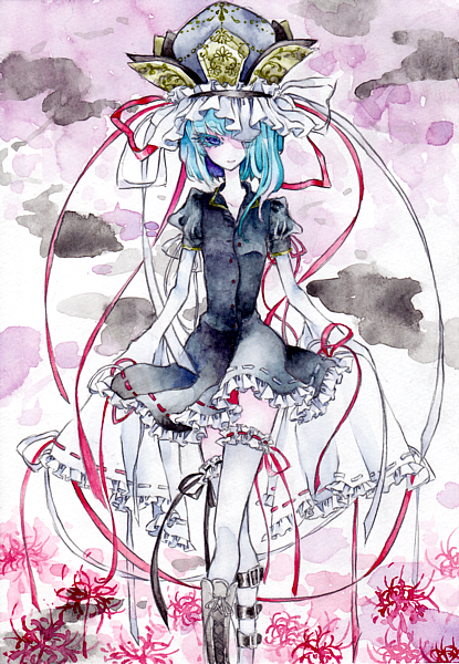 miri, miri (tobira no mukou), shiki eiki, touhou, painting (medium), traditional media, watercolor (medium), 1girl, aqua hair, blue eyes, boots, cloud, colored eyelashes, crossed legs, curtsey, dress, eyelashes, female focus, flower, frilled thigh strap, frills, hair over one eye, long sleeves, no nose, red flower, ribbon, short hair, skirt hold, smile, solo, spider lily, standing, thigh strap, thighhighs, watson cross, white thighhighs, zettai ryouiki